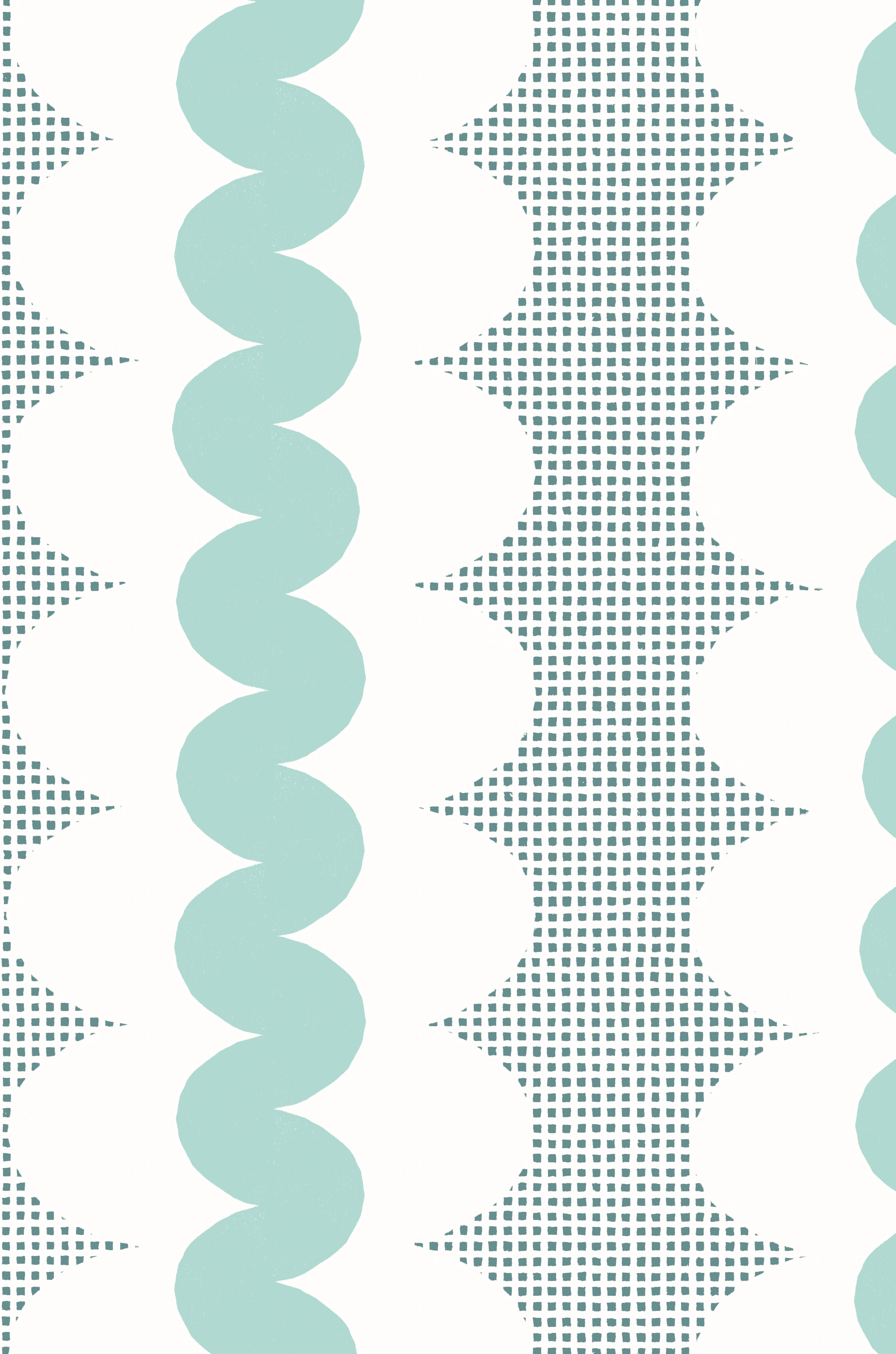 A repeating geometric pattern featuring mint green wavy vertical stripes, dotted square grid, and white oval forms on a white background.