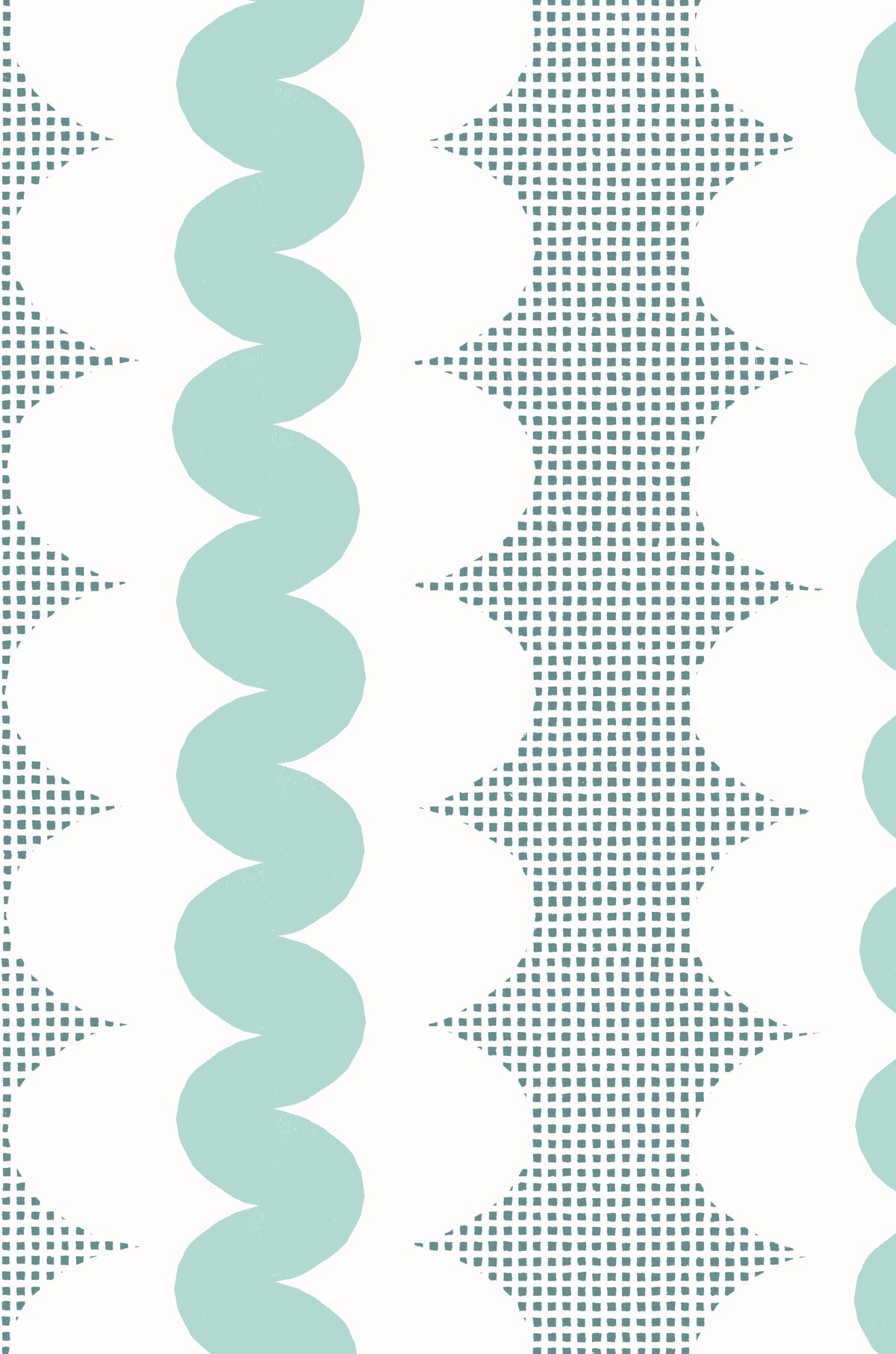 A repeating geometric pattern featuring mint green wavy vertical stripes, dotted square grid, and white oval forms on a white background.