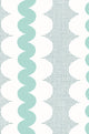A repeating geometric pattern featuring mint green wavy vertical stripes, dotted square grid, and white oval forms on a white background.
