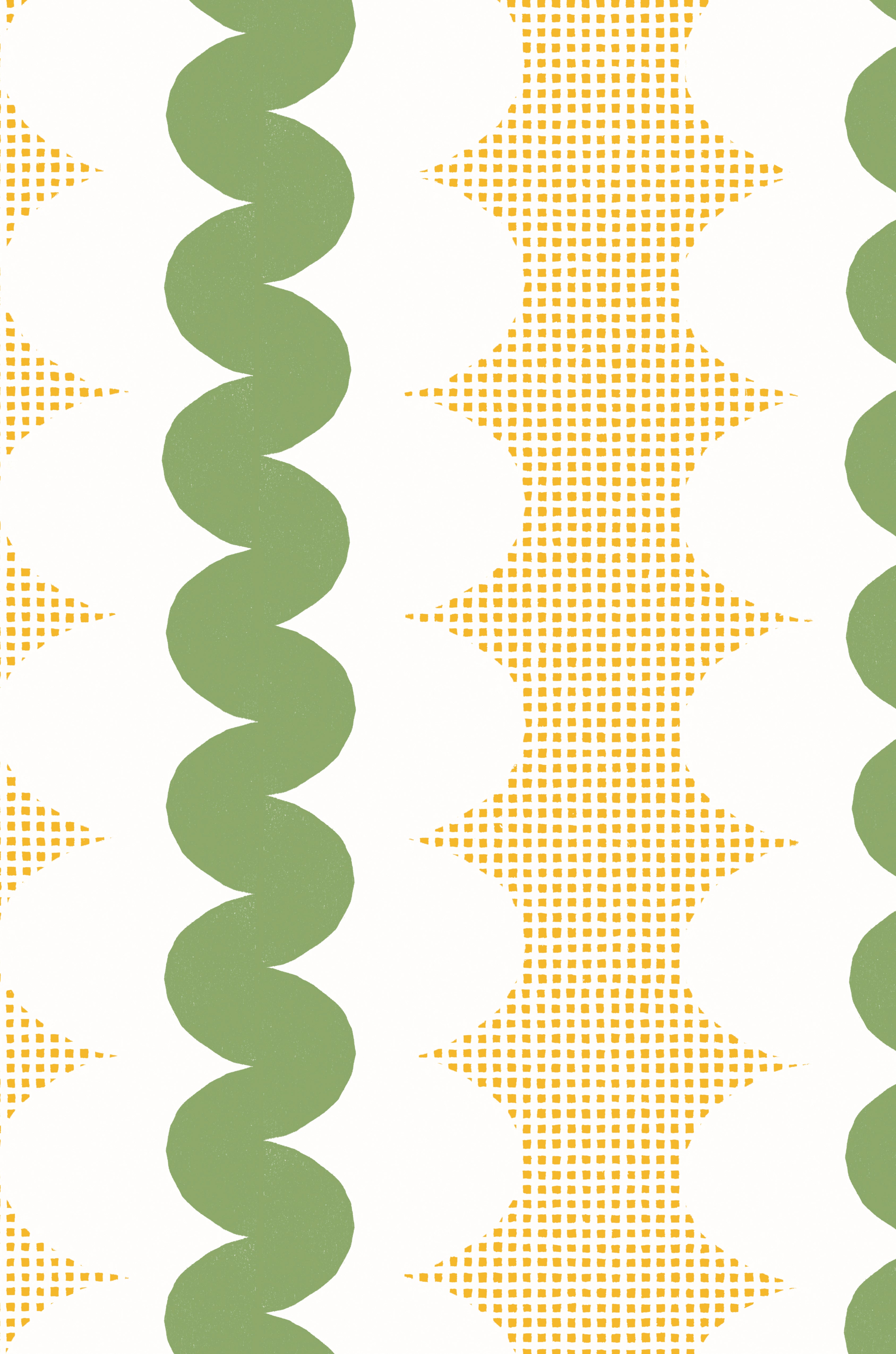 A repeating mid-century modern pattern featuring vertical stripes with olive green wavy bands, dotted yellow square shapes, and white scalloped arches on a white background.