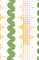 A repeating mid-century modern pattern featuring vertical stripes with olive green wavy bands, dotted yellow square shapes, and white scalloped arches on a white background.