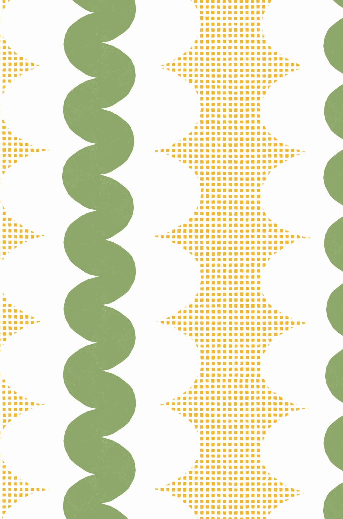 A repeating mid-century modern pattern featuring vertical stripes with olive green wavy bands, dotted yellow square shapes, and white scalloped arches on a white background.
