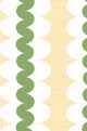 A repeating mid-century modern pattern featuring vertical stripes with olive green wavy bands, dotted yellow square shapes, and white scalloped arches on a white background.