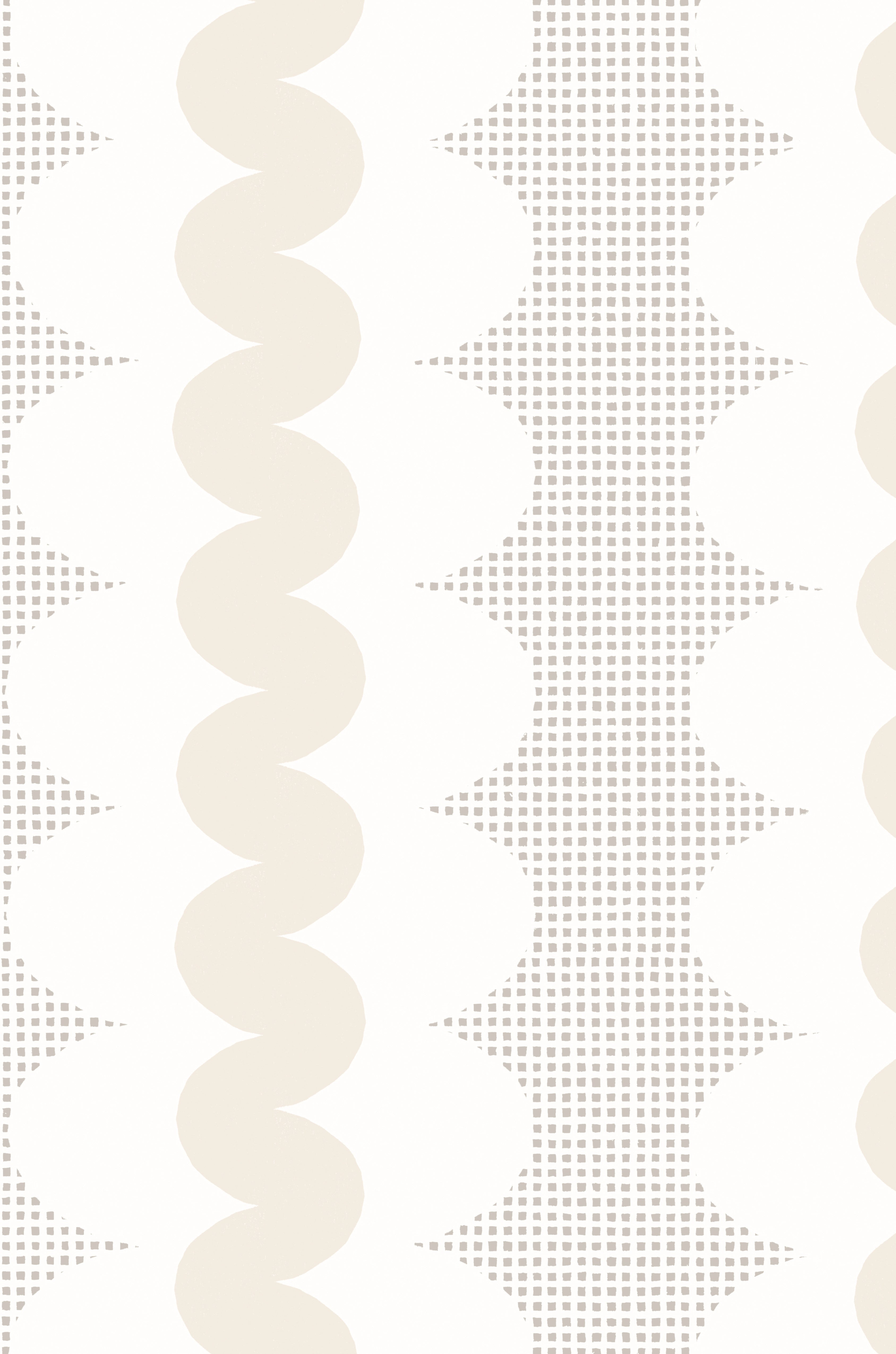 A repeating geometric pattern featuring vertical wavy beige stripes, a square grid and white oval forms on a warm off-white background.
