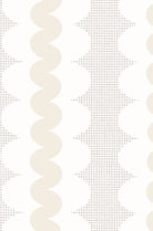 A repeating geometric pattern featuring vertical wavy beige stripes, a square grid and white oval forms on a warm off-white background.