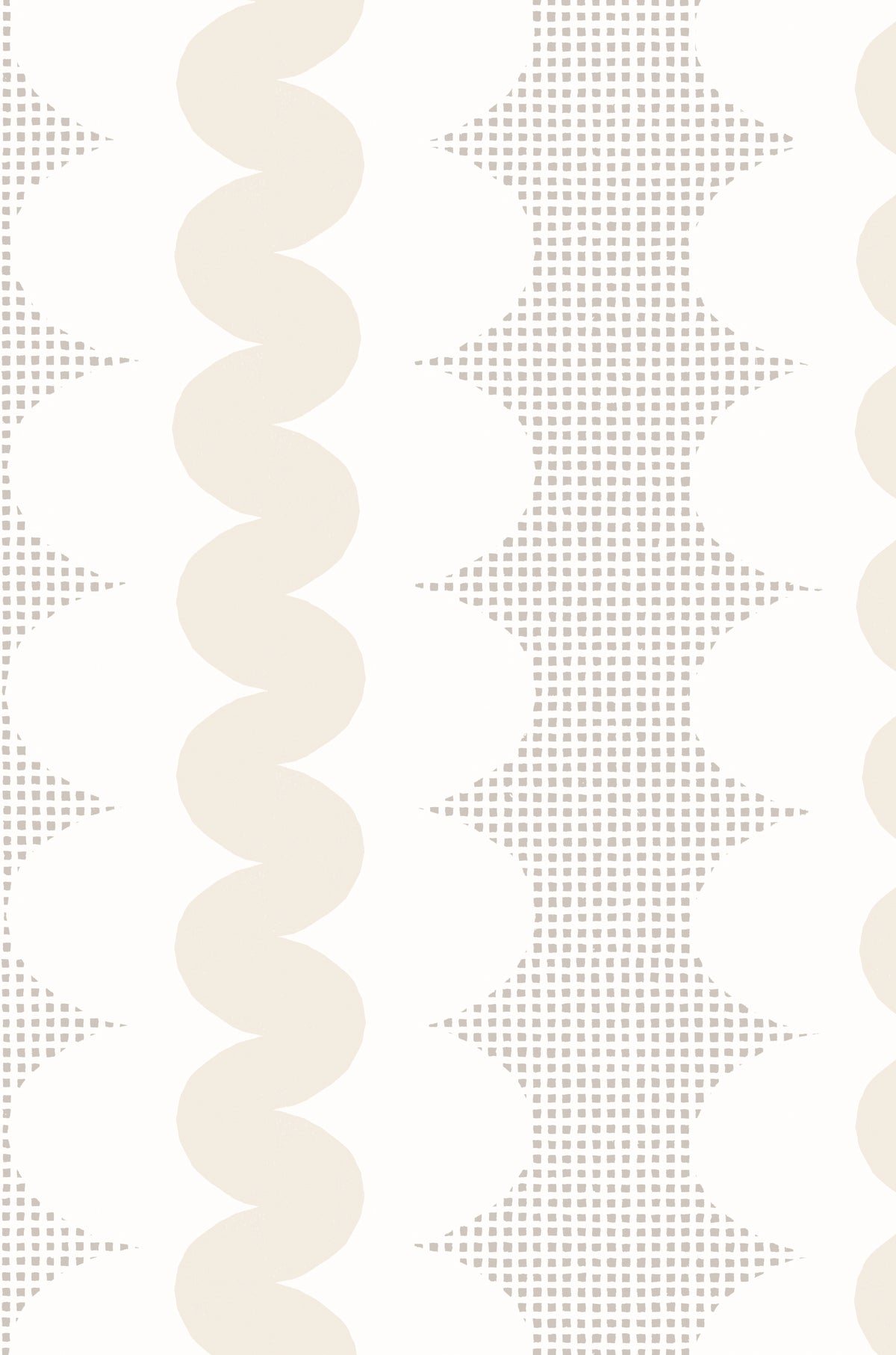A repeating geometric pattern featuring vertical wavy beige stripes, a square grid and white oval forms on a warm off-white background.