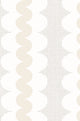 A repeating geometric pattern featuring vertical wavy beige stripes, a square grid and white oval forms on a warm off-white background.