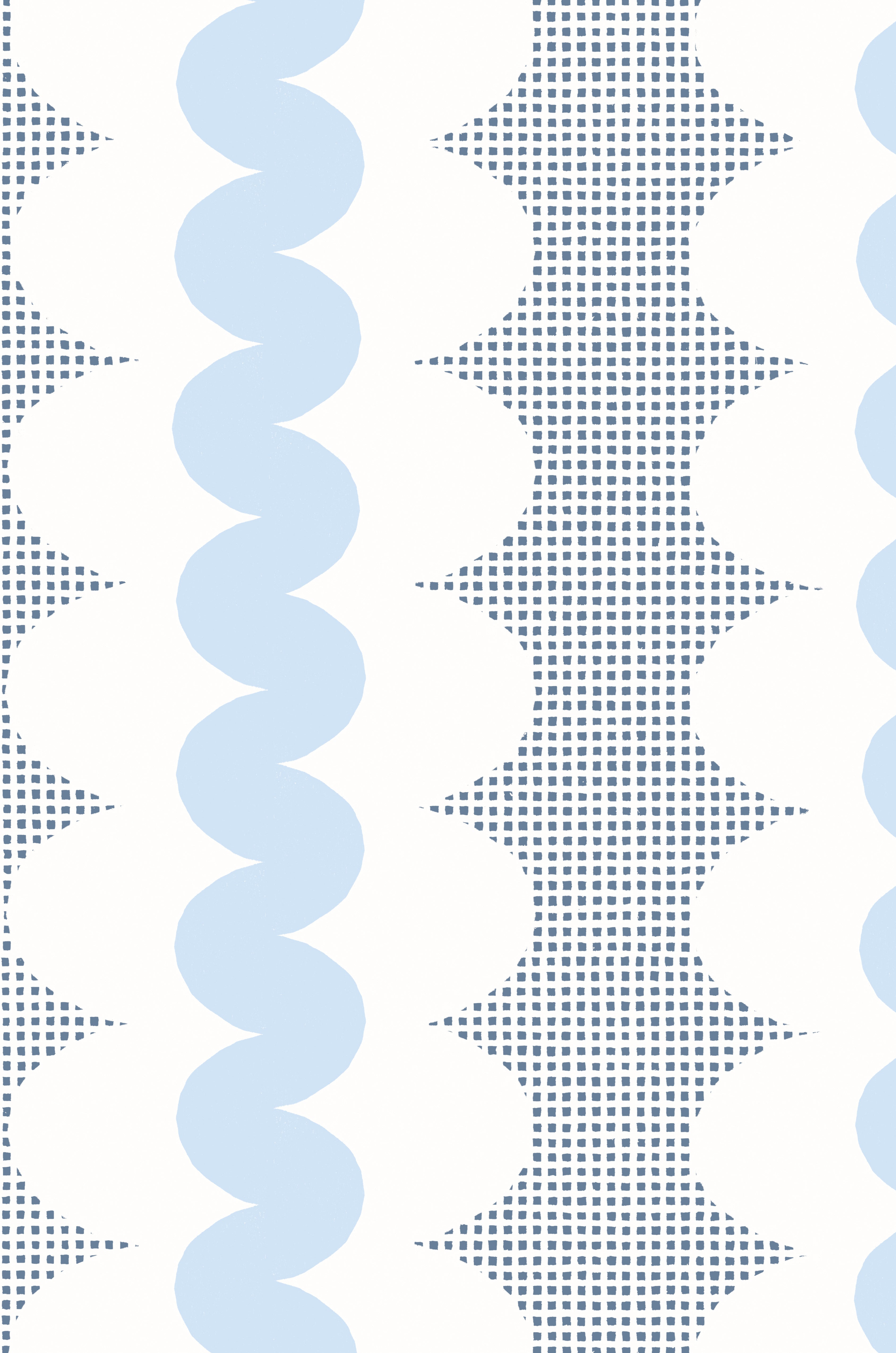 A repeating abstract pattern with vertical bands of light blue wavy shapes, white rounded shapes, and blue square grids on a white background.