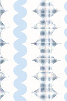 A repeating abstract pattern with vertical bands of light blue wavy shapes, white rounded shapes, and blue square grids on a white background.