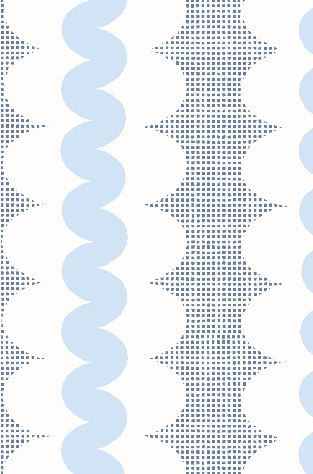 A repeating abstract pattern with vertical bands of light blue wavy shapes, white rounded shapes, and blue square grids on a white background.