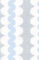 A repeating abstract pattern with vertical bands of light blue wavy shapes, white rounded shapes, and blue square grids on a white background.
