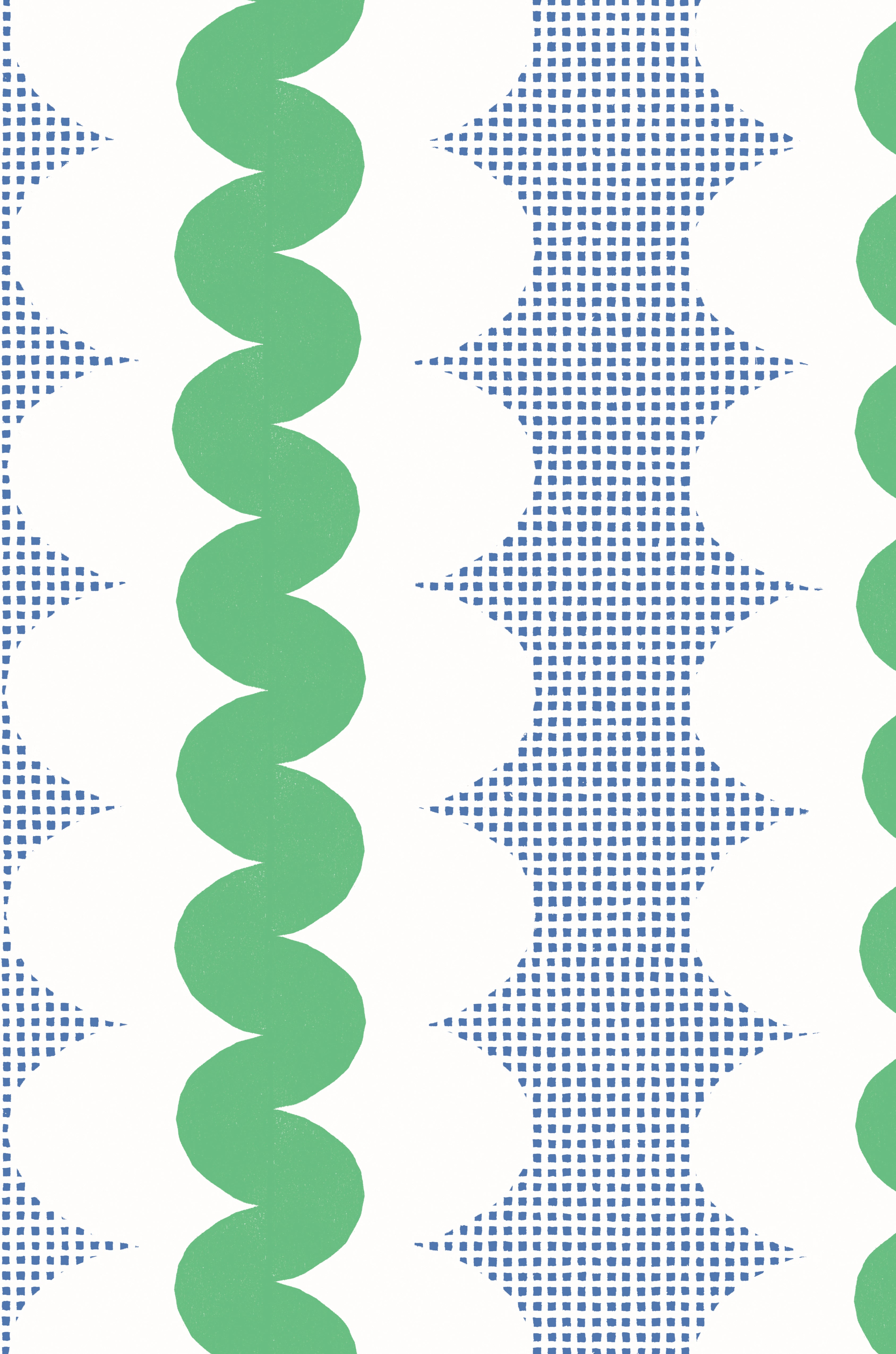 A repeating geometric pattern featuring vertical stripes with green wavy bands, blue square shapes, and white curved scallops on a white background.
