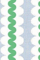 A repeating geometric pattern featuring vertical stripes with green wavy bands, blue square shapes, and white curved scallops on a white background.
