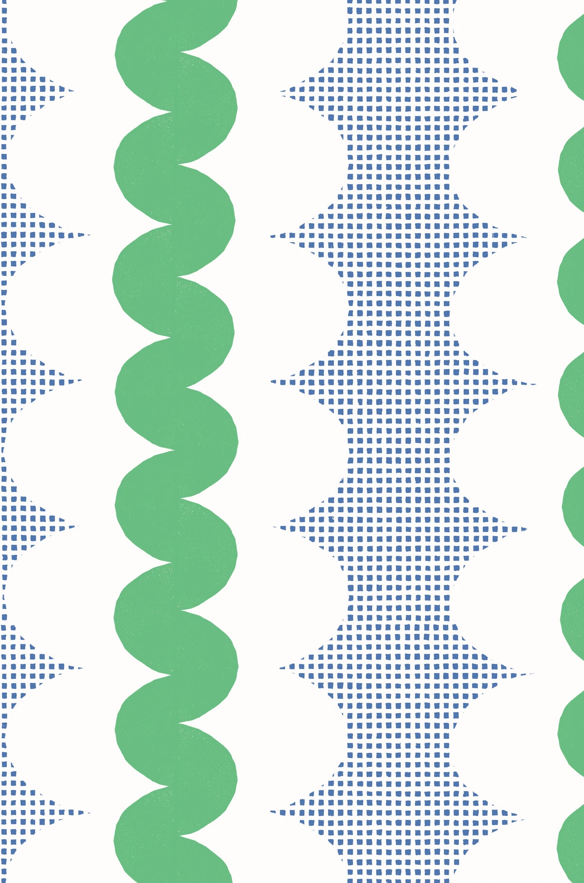 A repeating geometric pattern featuring vertical stripes with green wavy bands, blue square shapes, and white curved scallops on a white background.