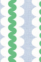 A repeating geometric pattern featuring vertical stripes with green wavy bands, blue square shapes, and white curved scallops on a white background.