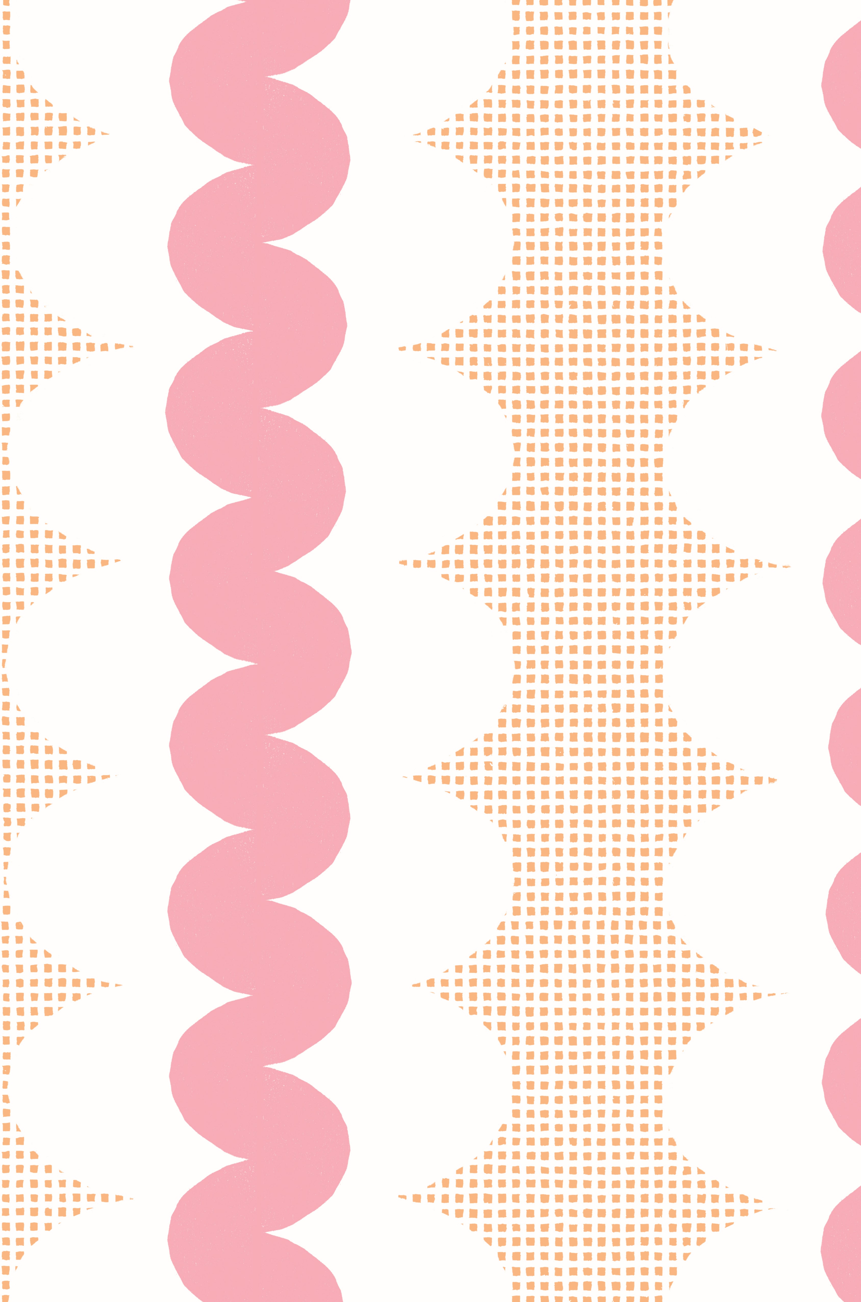 A repeating geometric pattern featuring vertical pink wavy stripes, peach square grid shapes, and white scalloped arches on a white background.