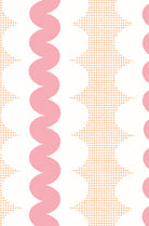 A repeating geometric pattern featuring vertical pink wavy stripes, peach square grid shapes, and white scalloped arches on a white background.