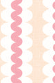 A repeating geometric pattern featuring vertical pink wavy stripes, peach square grid shapes, and white scalloped arches on a white background.