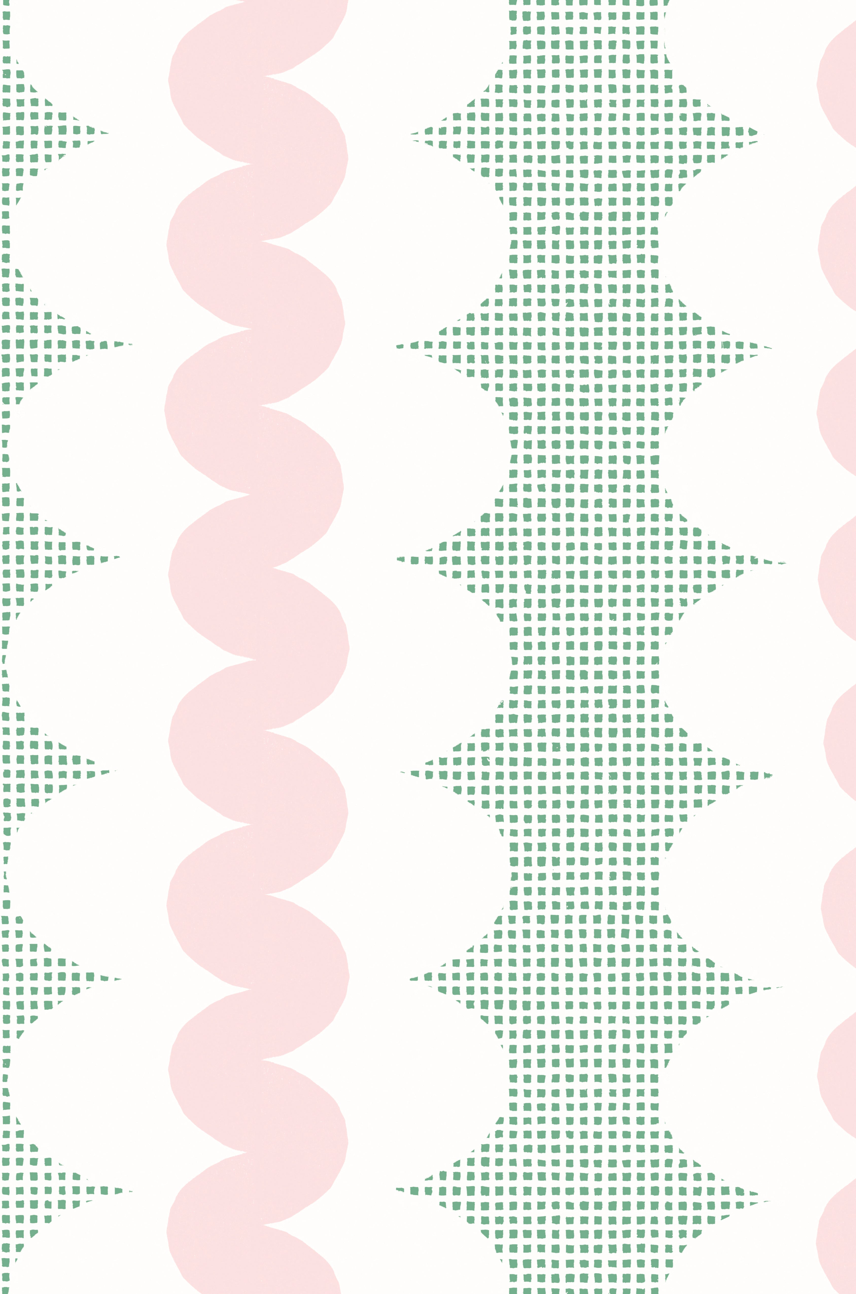 A repeating retro pattern featuring vertical stripes with scalloped edges, alternating between light pink wavy bands, green square grid, and white oval scallops.