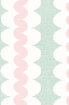 A repeating retro pattern featuring vertical stripes with scalloped edges, alternating between light pink wavy bands, green square grid, and white oval scallops.