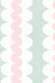 A repeating retro pattern featuring vertical stripes with scalloped edges, alternating between light pink wavy bands, green square grid, and white oval scallops.