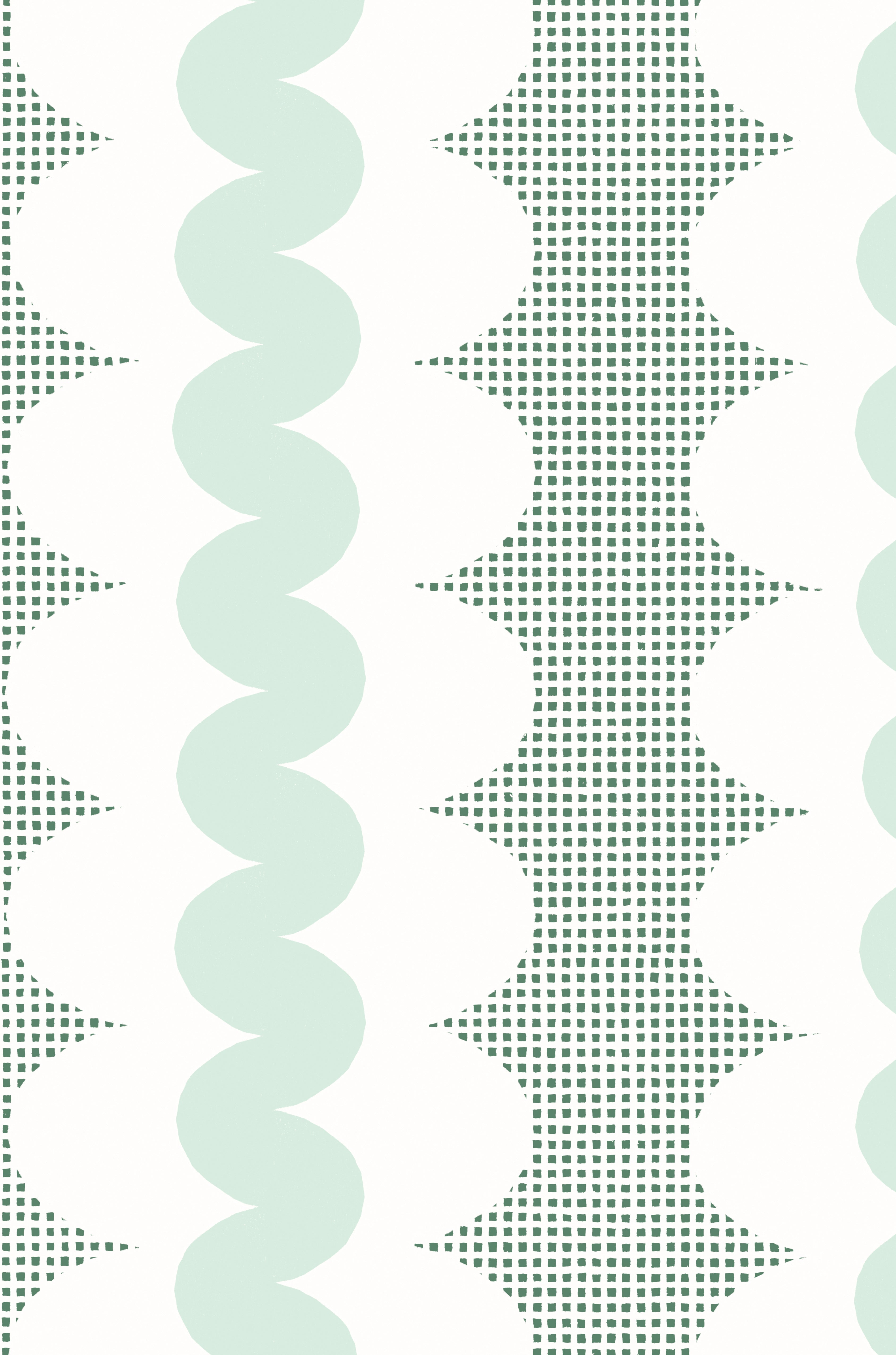 A repeating vertical pattern featuring mint green wavy stripes, white scalloped shapes, and dark green square grid on a white background.