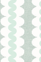 A repeating vertical pattern featuring mint green wavy stripes, white scalloped shapes, and dark green square grid on a white background.