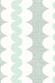 A repeating vertical pattern featuring mint green wavy stripes, white scalloped shapes, and dark green square grid on a white background.