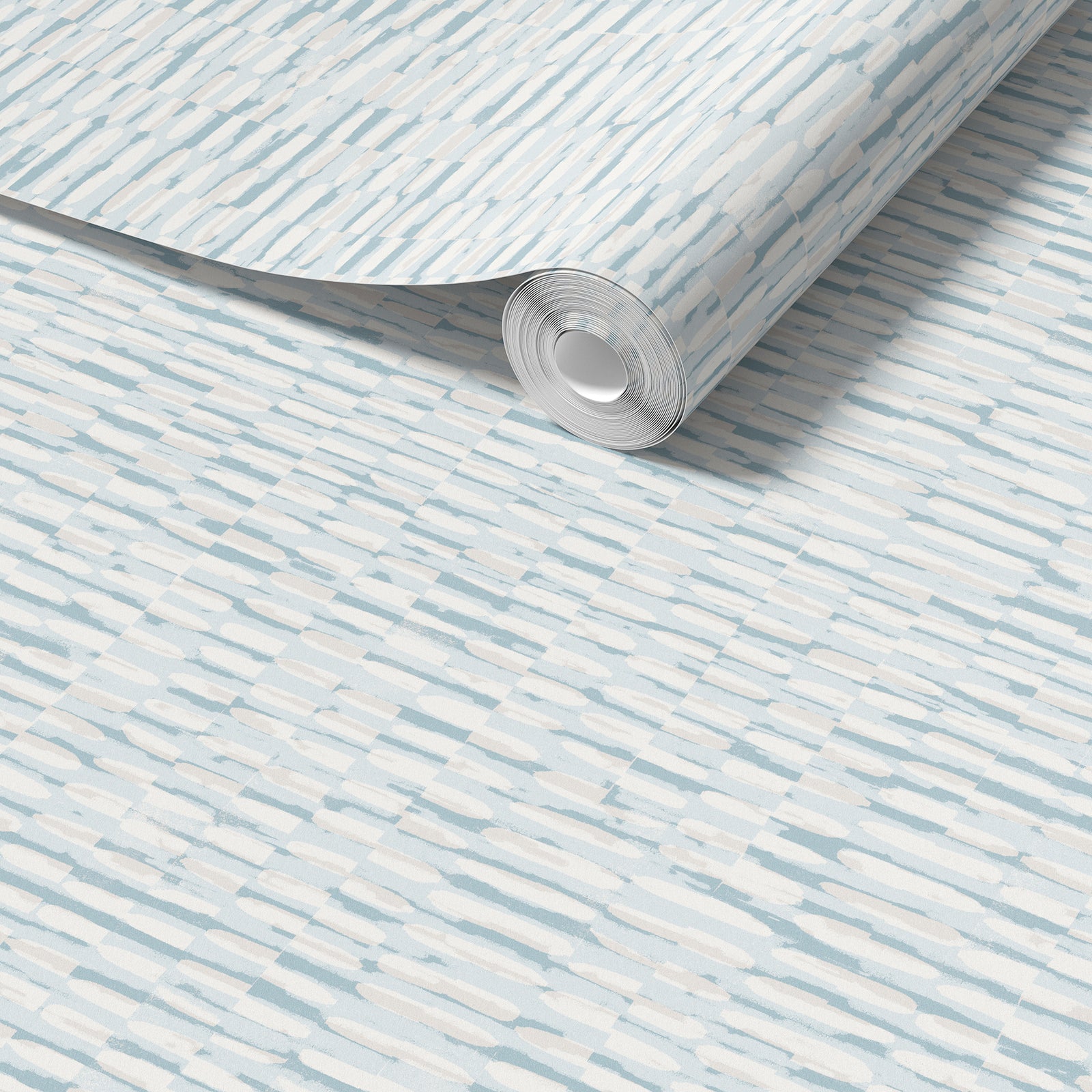 A roll of light beige wallpaper with a subtle horizontal woodgrain pattern, shown partially unrolled over a matching flat surface.