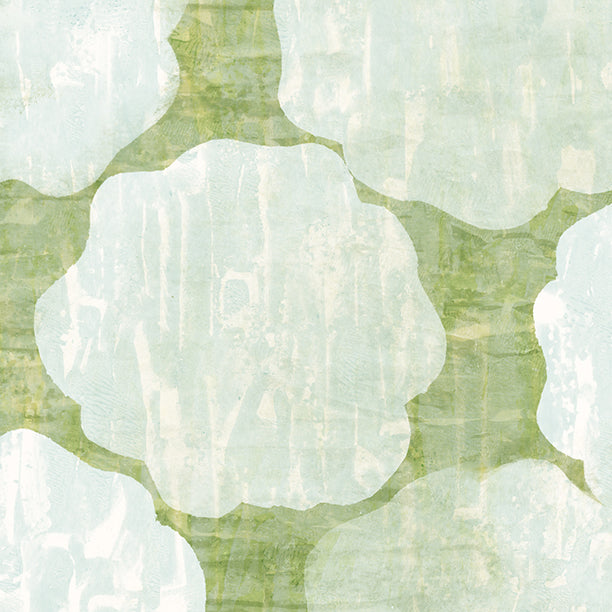 Abstract floral pattern wallpaper featuring large, textured white flower shapes over a soft sage green and light green background.