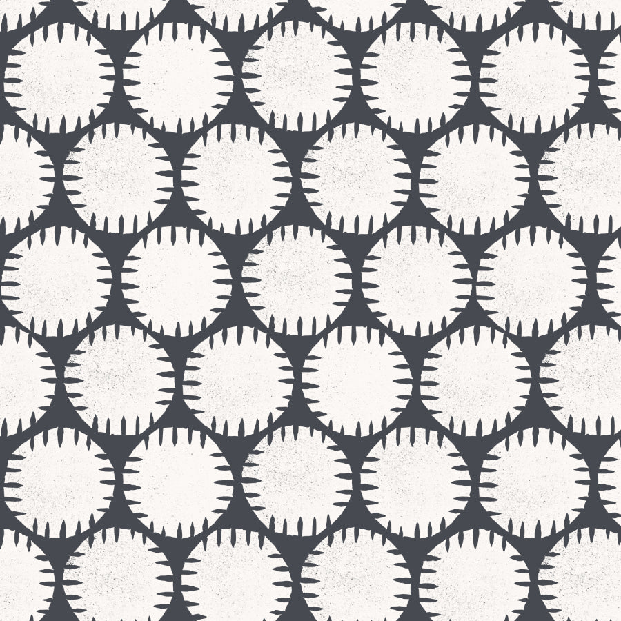 A repeating geometric pattern featuring white circular motifs with notched, stitch-like edges on a dark charcoal gray background.