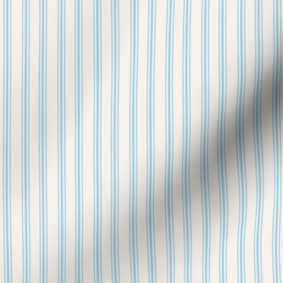classic mattress ticking stripe fabric in turquoise blue on creamy white