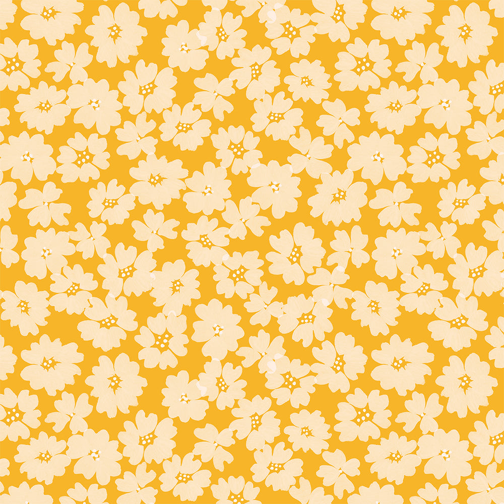 A repeating floral pattern featuring cream-colored flowers with yellow centers on a solid mustard yellow background.