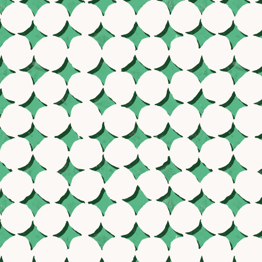 A repeating geometric pattern of overlapping white wonky dots on a mint green background with a dimensional shadow effect.