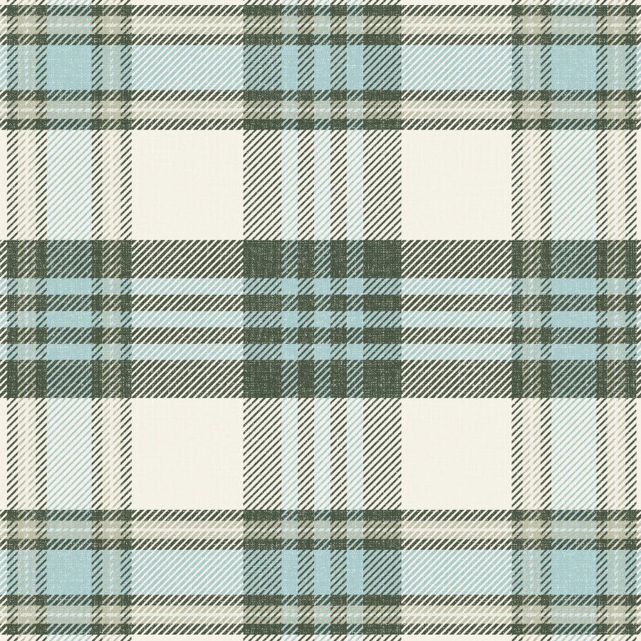 A repeating plaid pattern with light blue, dark green, beige, and off-white stripes in a classic tartan design.