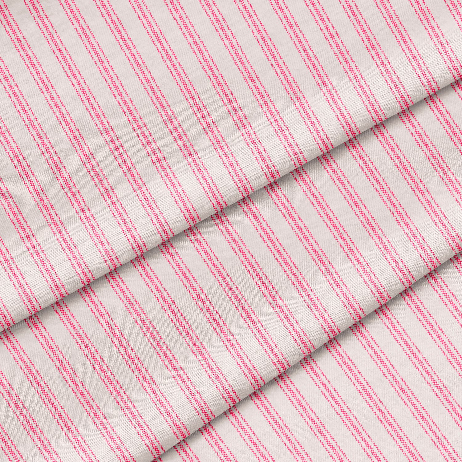 Yard of classic ticking stripe fabric featuring hot pink and white stripes. The fabric is folded onto itself.