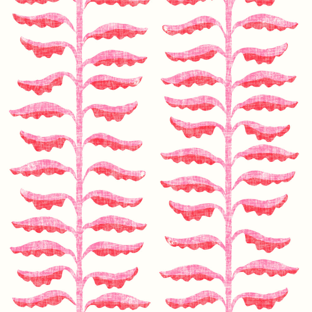 A repeating botanical pattern featuring stylized pink leafy stems on an off-white background.