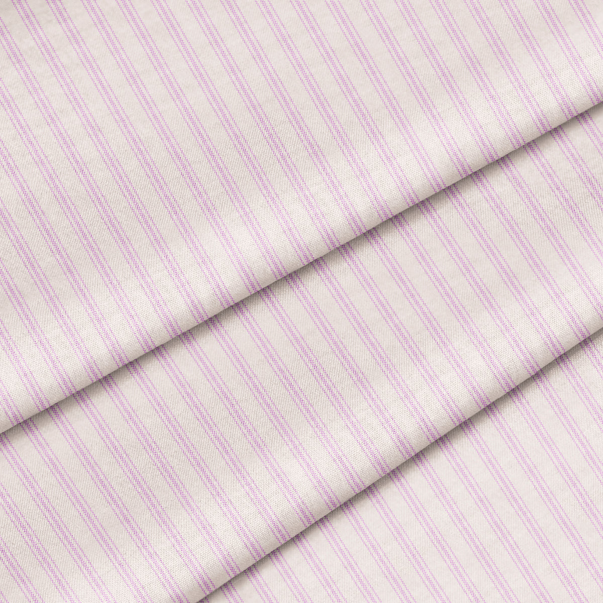 A close-up of a lilac-colored fabric with a classic ticking stripe pattern. 