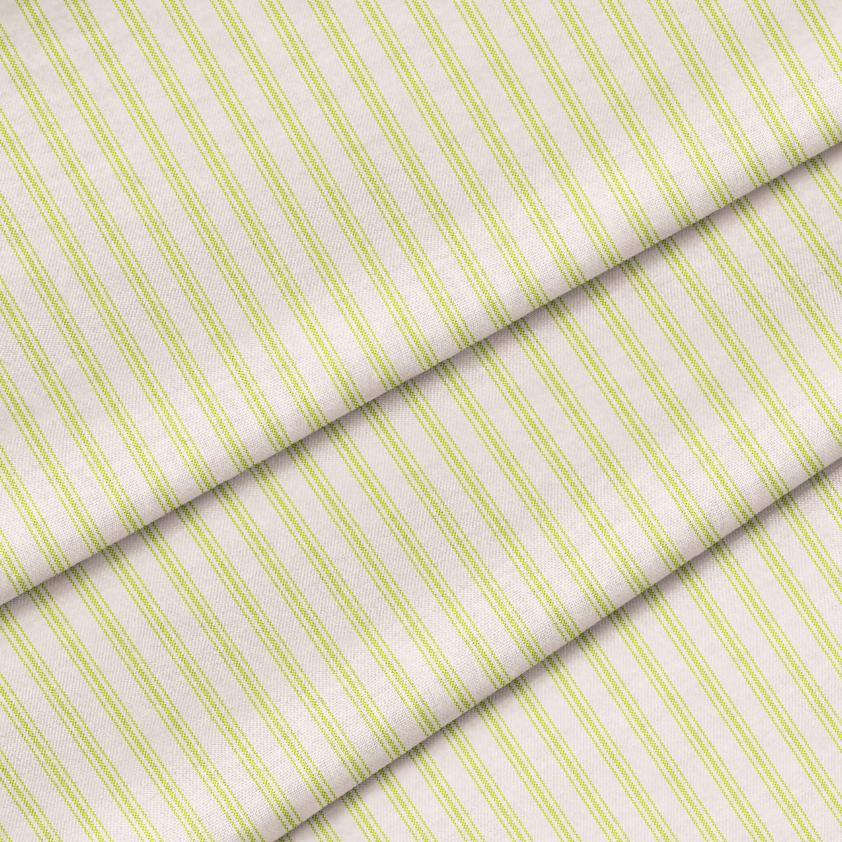 A close-up of a lime green fabric with a classic ticking stripe pattern. The fabric is folded onto itself.
