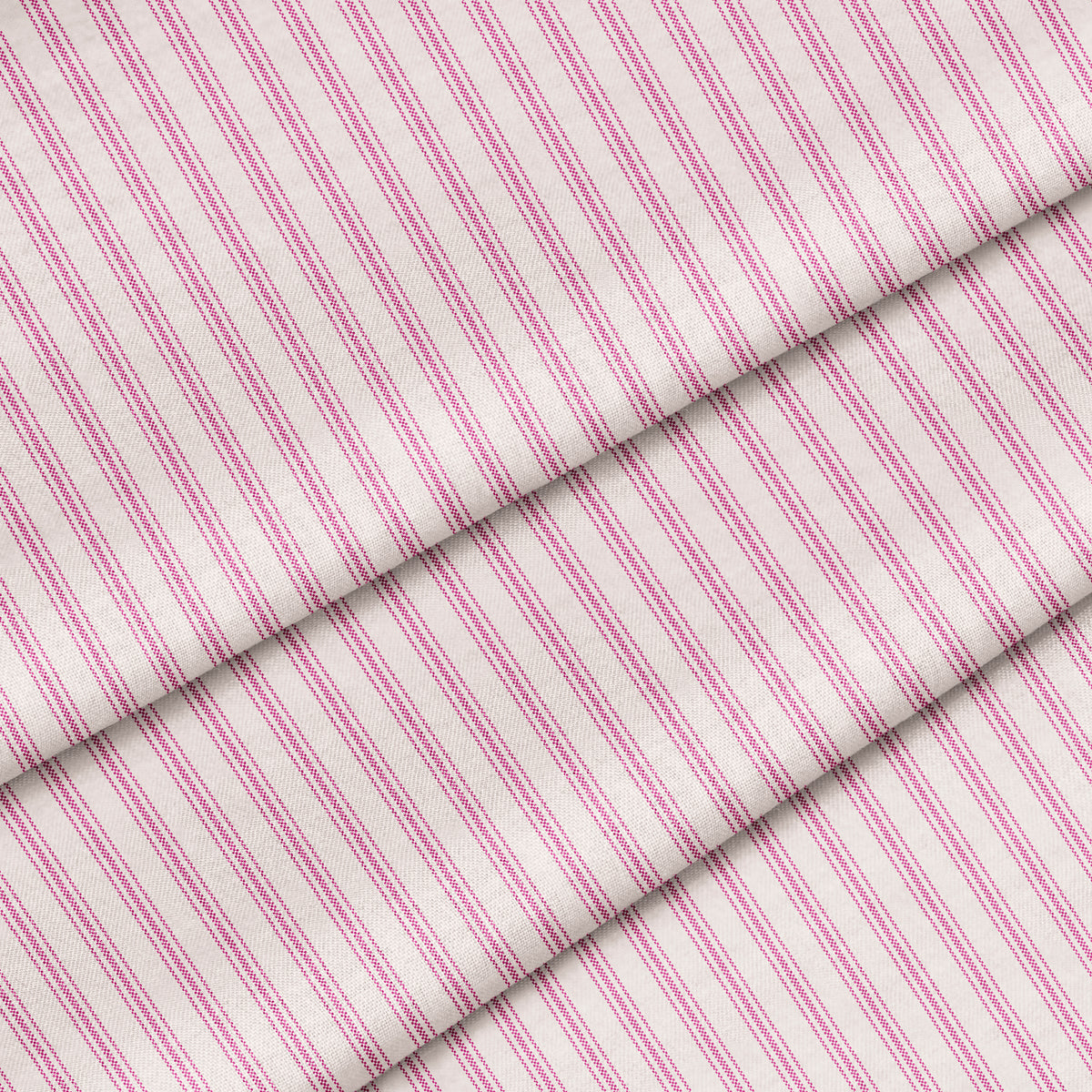 A magenta and white striped fabric with a classic ticking pattern. The fabric is folded onto itself.