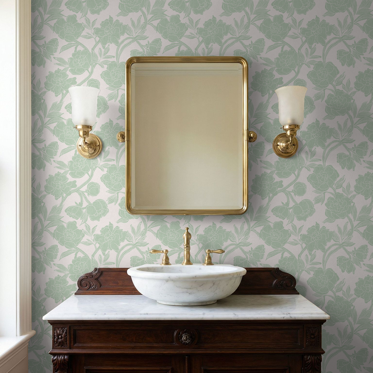 Mint green peony floral wallpaper in elegant bathroom with gold accents.