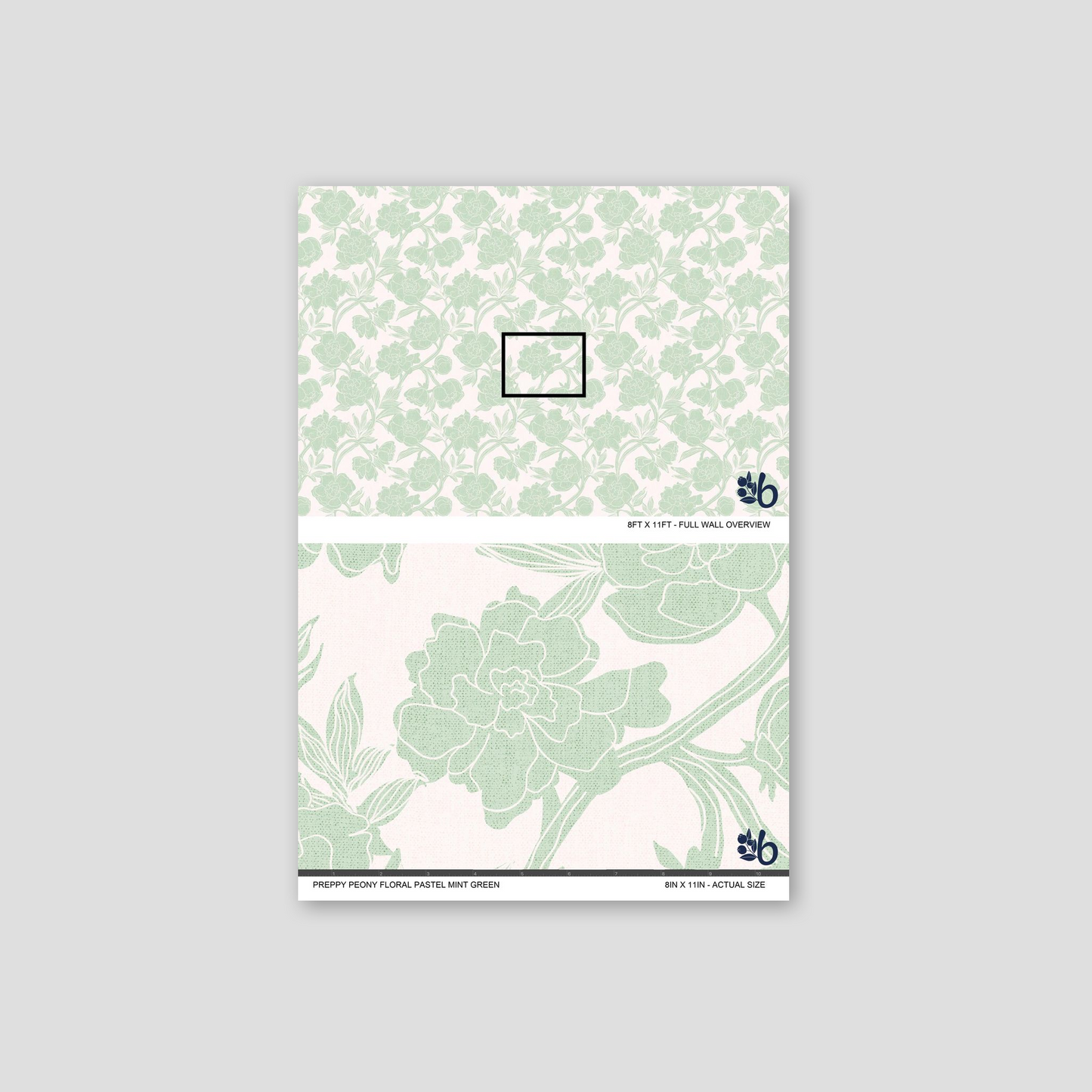 Mint green peony floral wallpaper sample with line-drawn design.