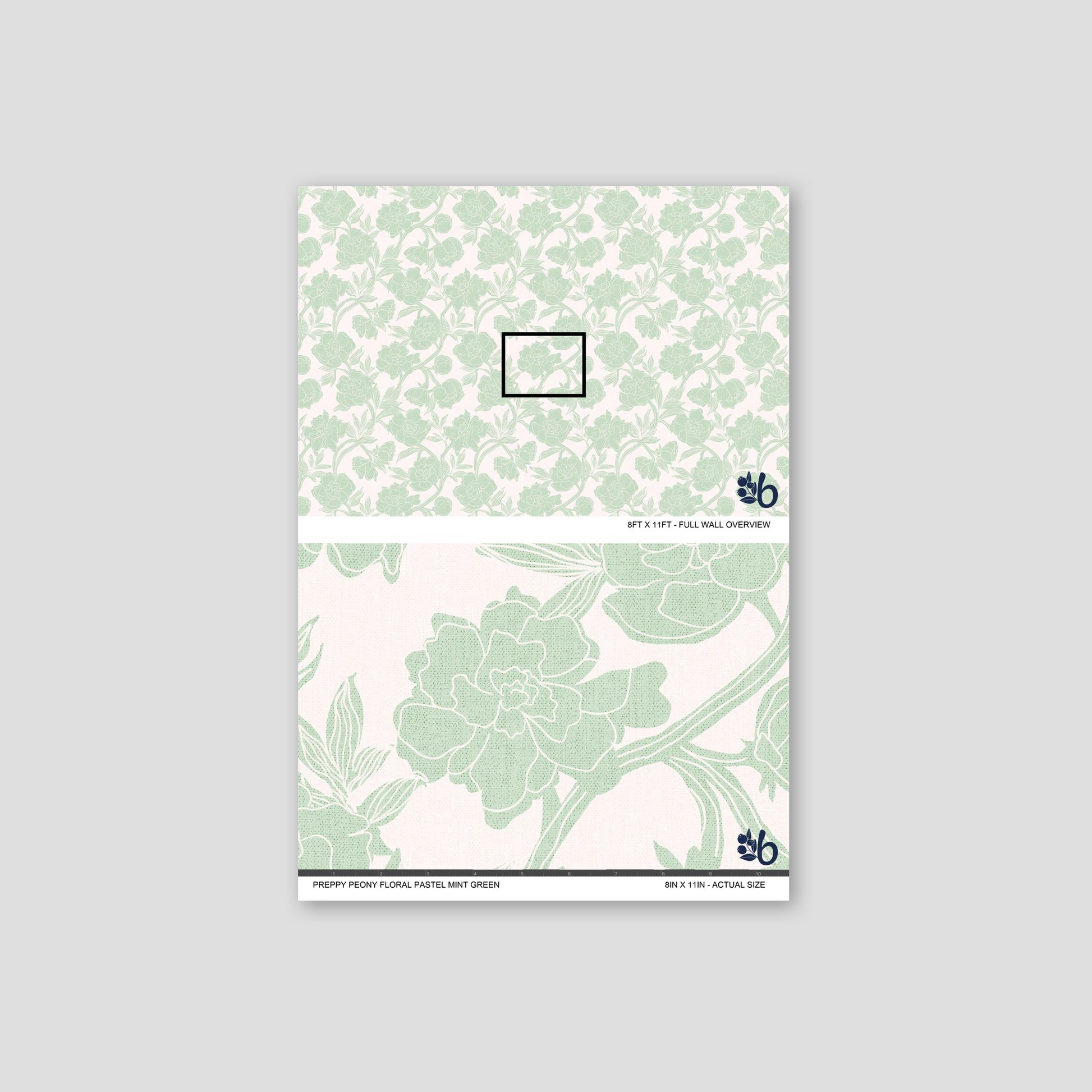Mint green peony floral wallpaper sample with line-drawn design.