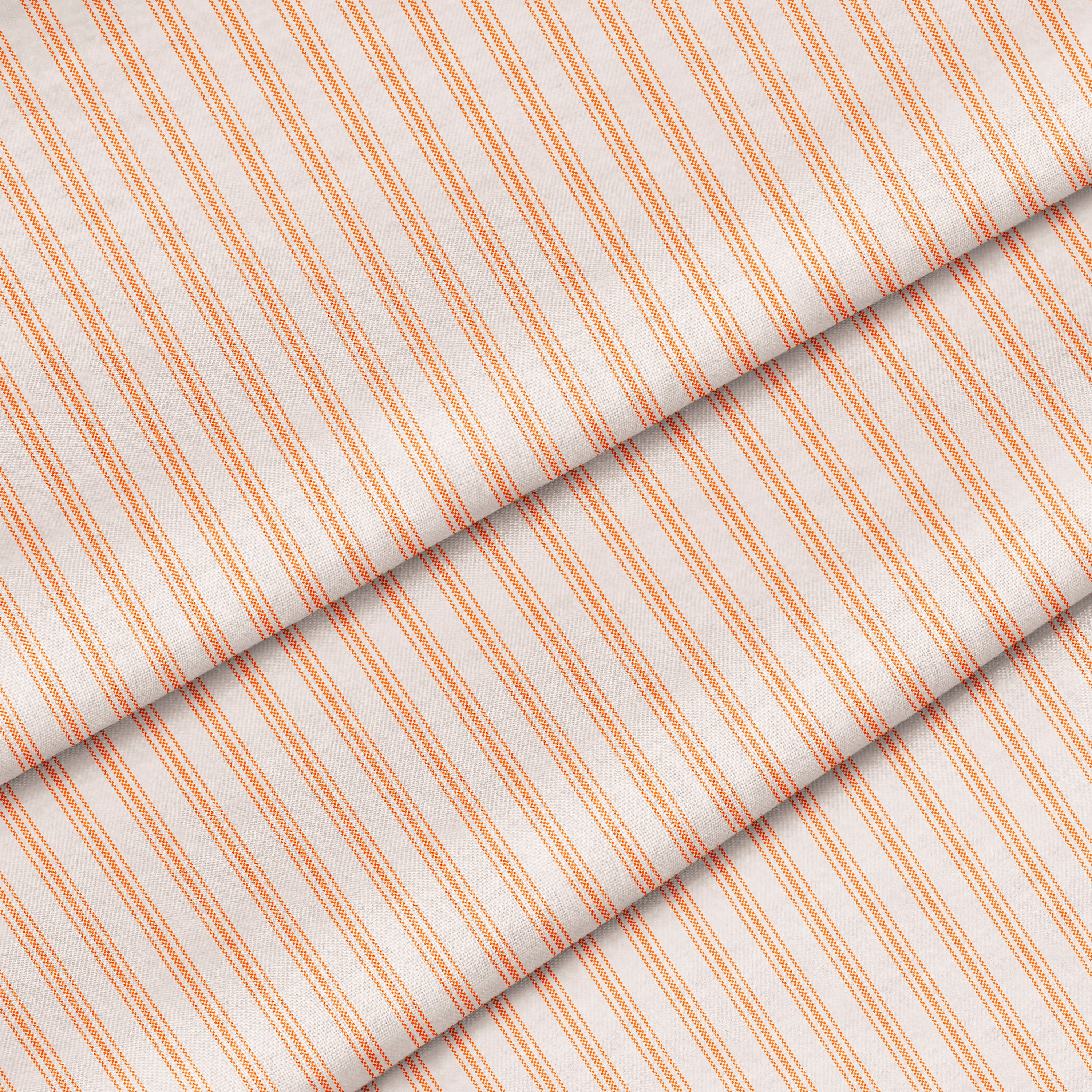 A close-up image of an orange and white striped ticking fabric. The fabric is folded onto itself.