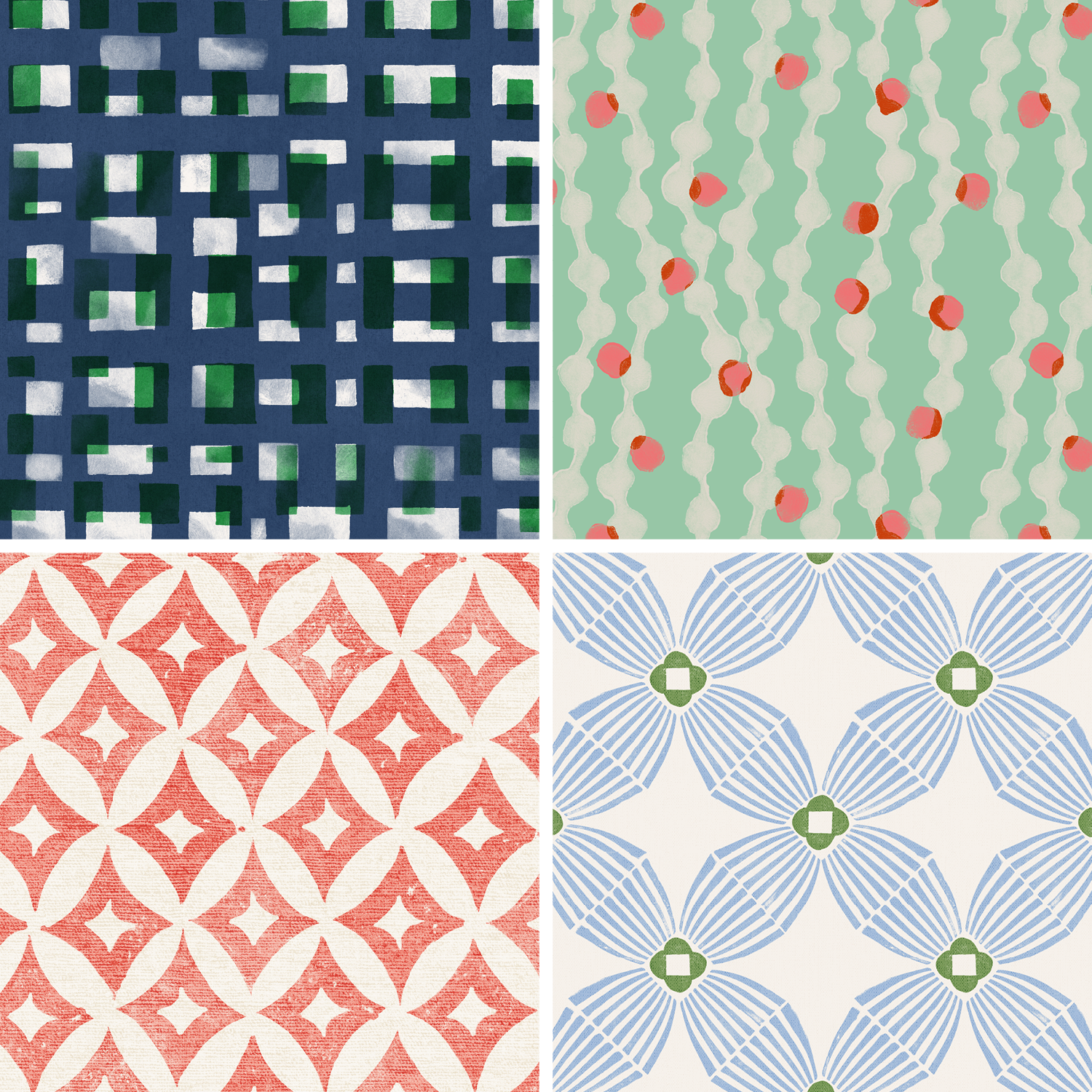 A 2x2 grid showing four different seamless geometric patterns: a navy blue and green checkerboard, a mint green and coral red wavy pattern, a coral red and white lattice, and a cream, blue, and green floral tile design.