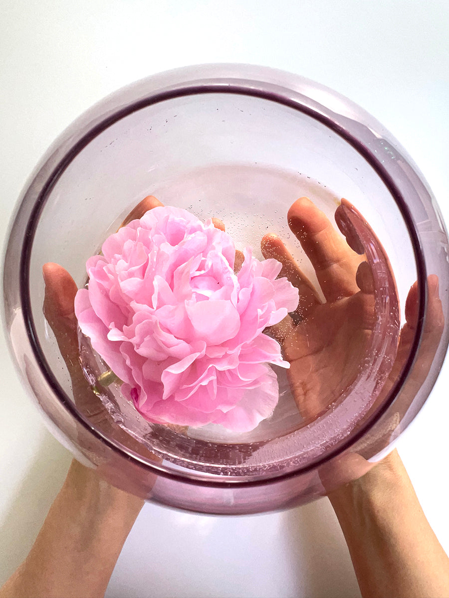 A pink peony flower floating in clear water inside a round translucent pink glass bowl, held from below by two hands against a plain white background.