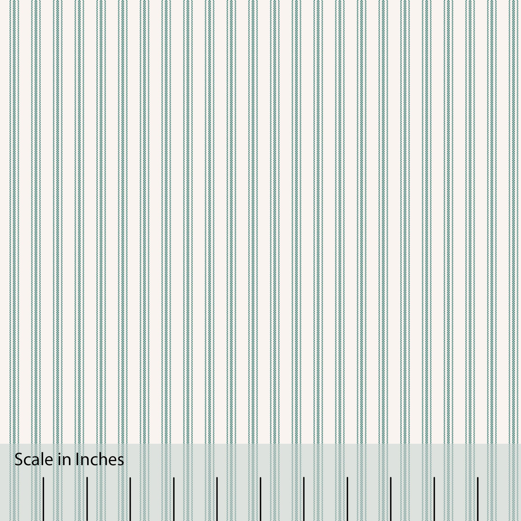 Classic Mattress Ticking stripe in british racing green with an overlaid inch scale.