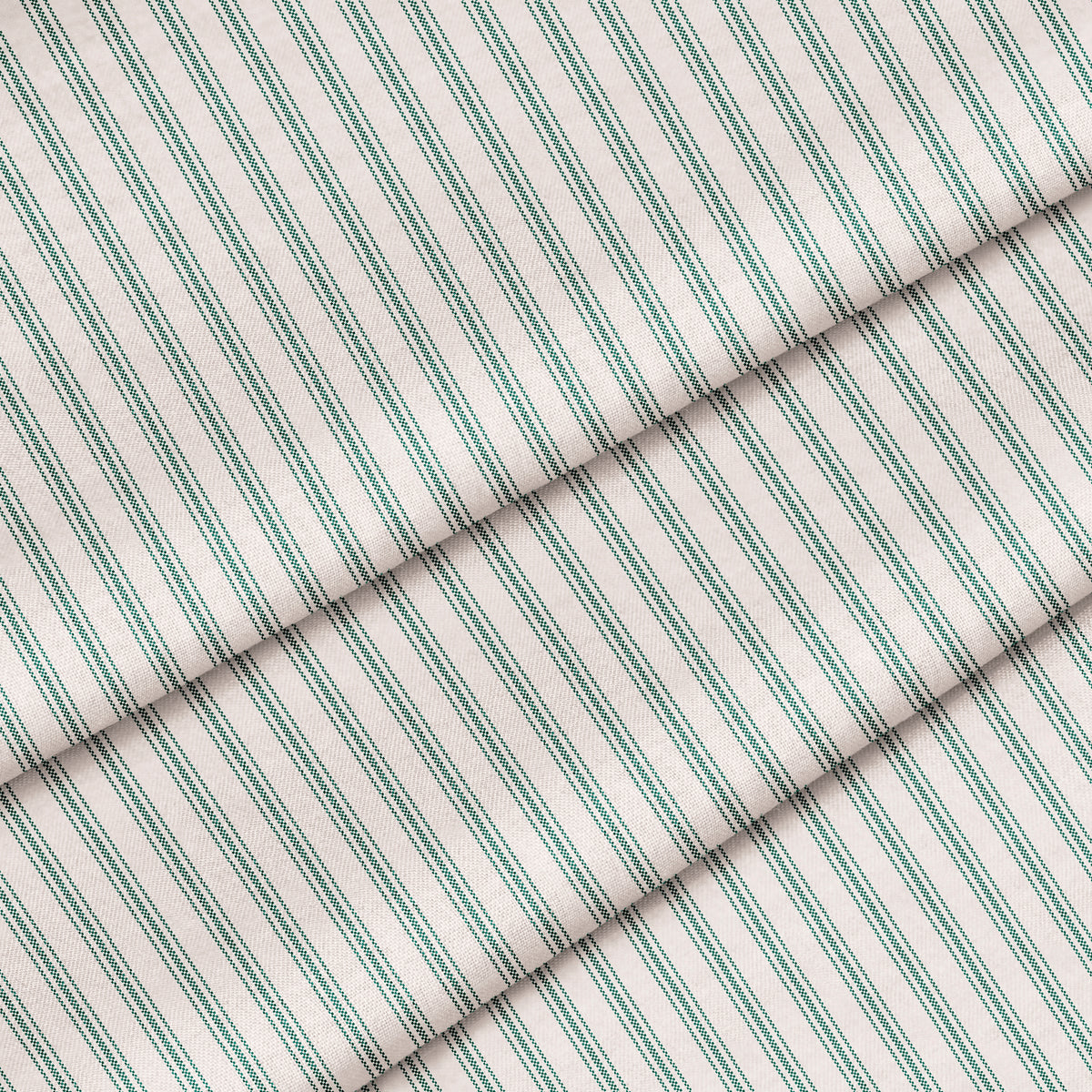 A close-up of a striped fabric featuring alternating green and white stripes. The fabric is folded onto itself.