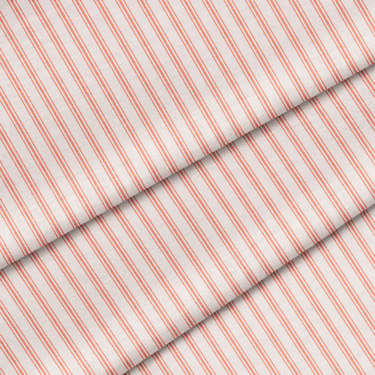 A close-up image of a classic red ticking stripe. The fabric is folded onto itself.