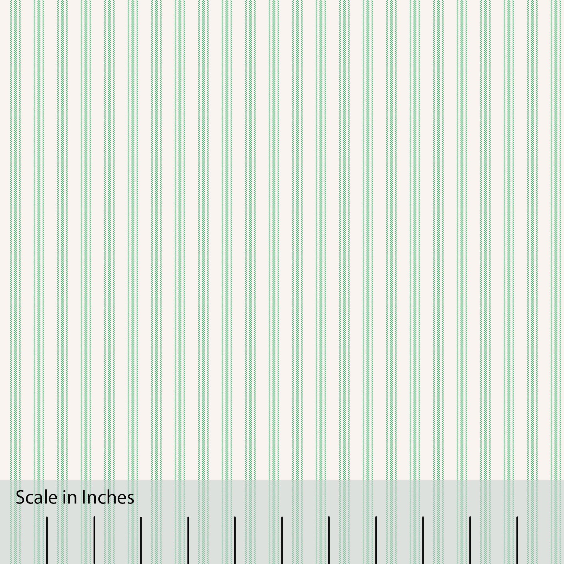 Classic Mattress Ticking stripe in kelly green with an overlaid inch scale.